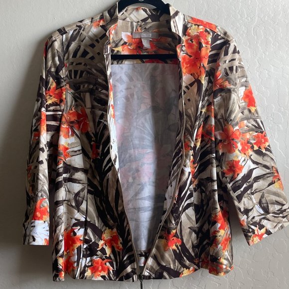 Chico's Size 2 Floral Full Zip Coat Orange Brown Jacket Size Med/12 Pockets - Picture 5 of 6